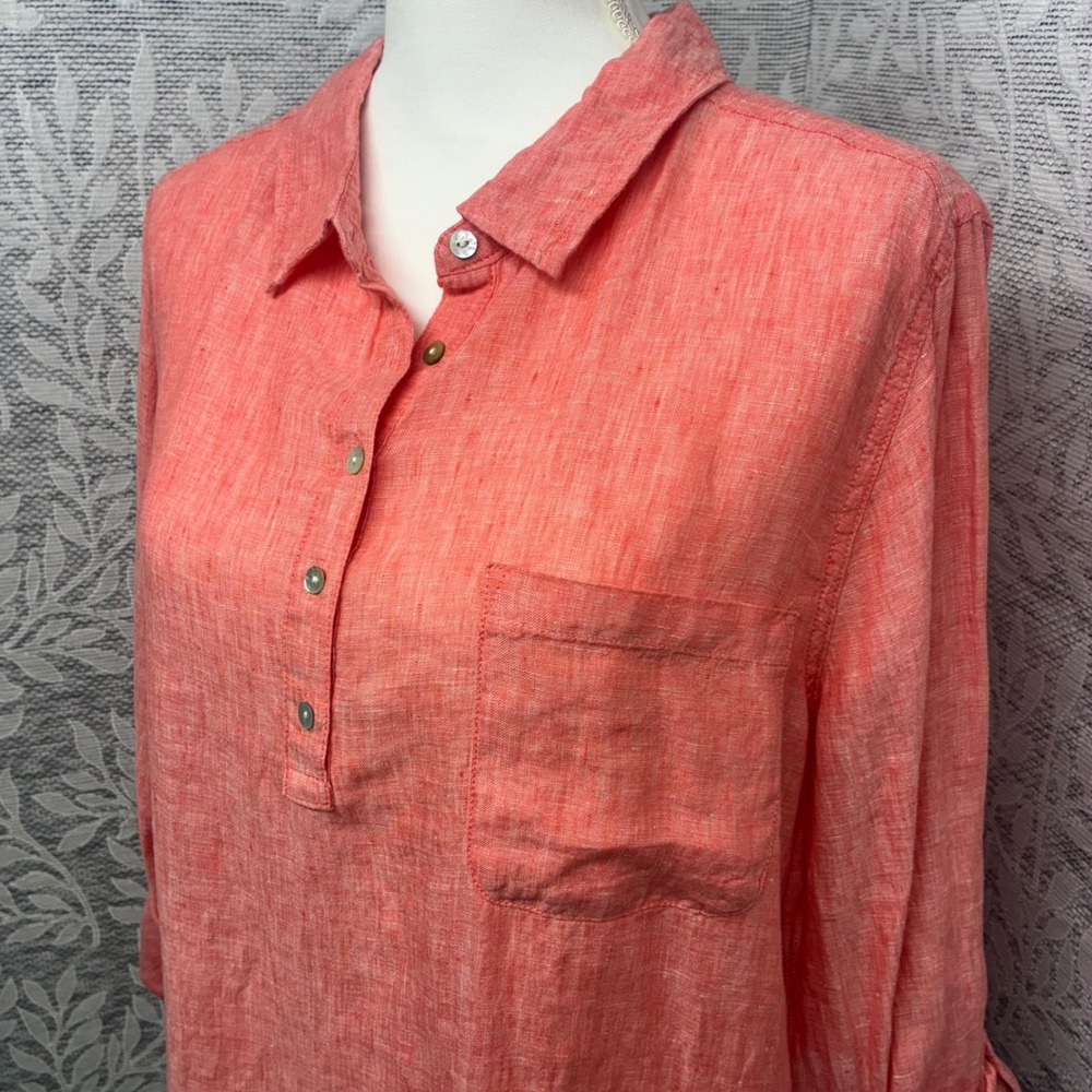 Jones NY Linen Tunic Top Womens 1X Plus Coral Roll Tab Capsule Lagenlook Coastal